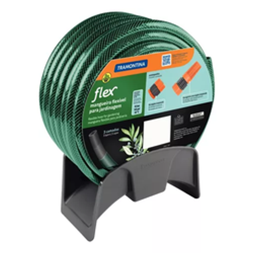 Mangueira Flex Para Jardim Tramontina Verde em PVC 3 Camadas 20 m com Engate Rosqueado, Esguicho e Suporte Mural