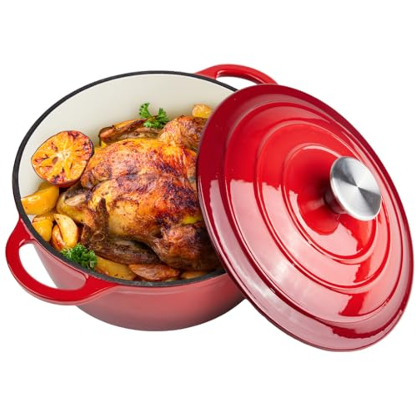 Ferro fundido esmaltado para forno holandês de 6 litros com tampa - alças duplas grandes - Seguro para forno até 260 °C - Panela redonda clássica para cozinhar vermelho versátil