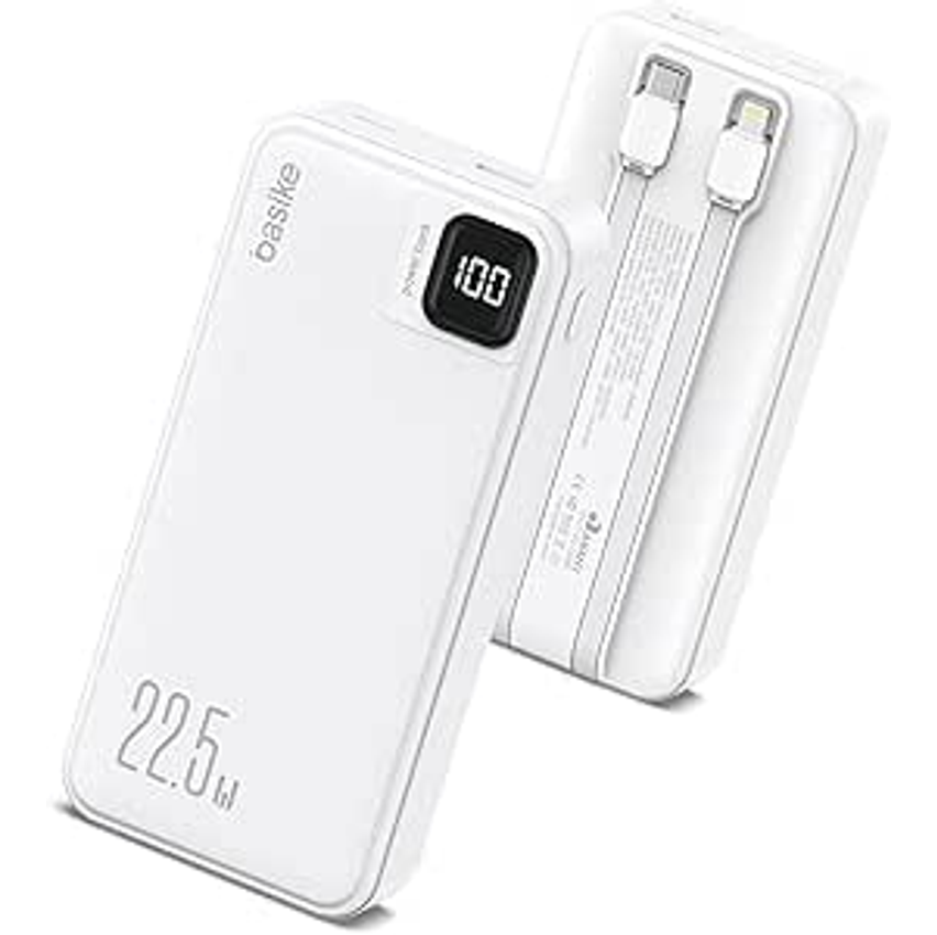 Basike Power Bank, Carregador Portátil Universal 20000mAh, USB-A(até 22.5W)+USB-C(até PD20W), com 2 Cabos Integrados (USB-C, Lightning) Carregamento Rápido, Led Indicador de Bateria (Branco)