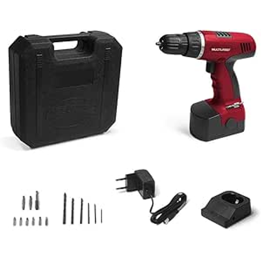 Parafusadeira e Furadeira Elétrica Bivolt com Bateria de Lithium 12V + Maleta para Transporte Vermelho Multilaser - HO045