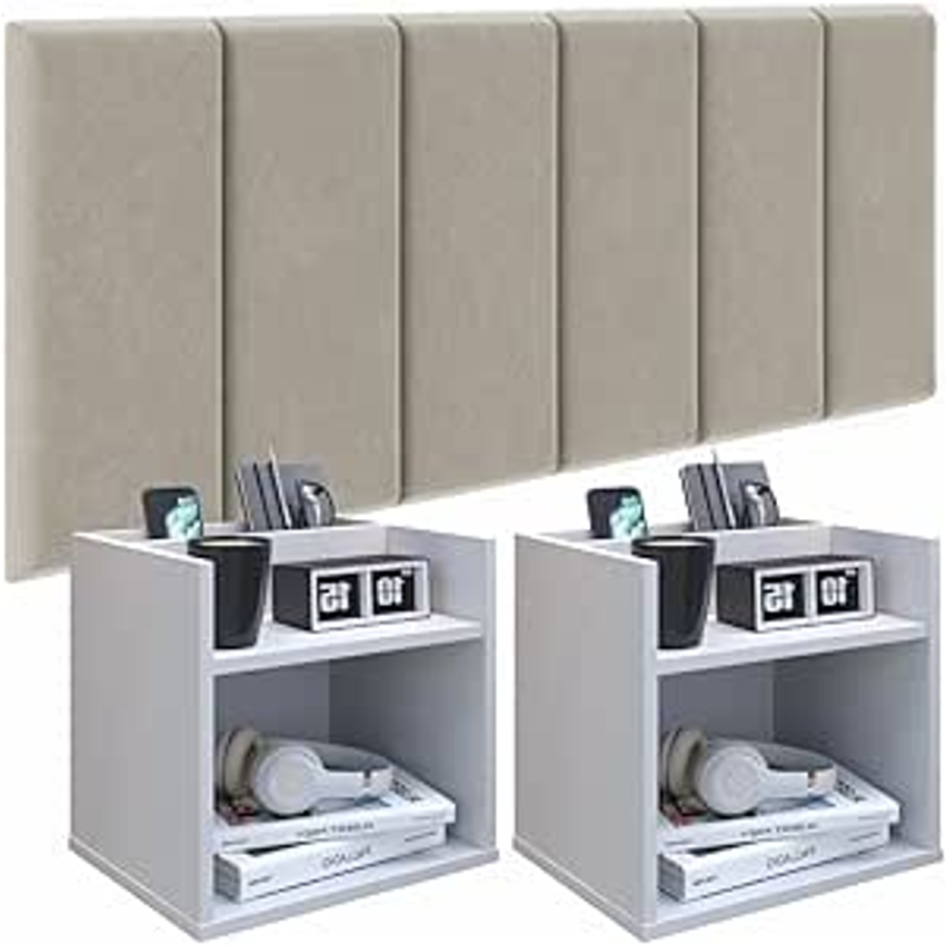 Conjunto Cabeceira Casal 140cm com Kit de Mesa de Cabeceira Suspenso com Porta Smartphone (Bege - Branco)
