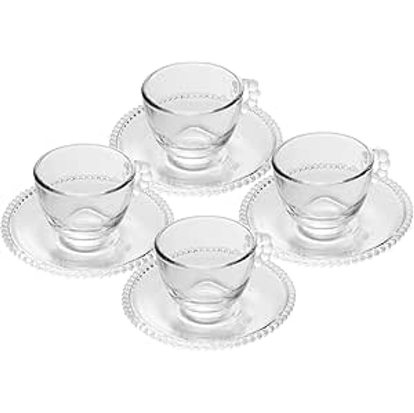 WOLFF Conjunto de Xícaras e Pires de Cristal Pearl 80ml 4 Peças Transparente - Mesa Posta - Itens Para Casa - Utensílios de Cozinha - Enxoval - Casamento - Decoração