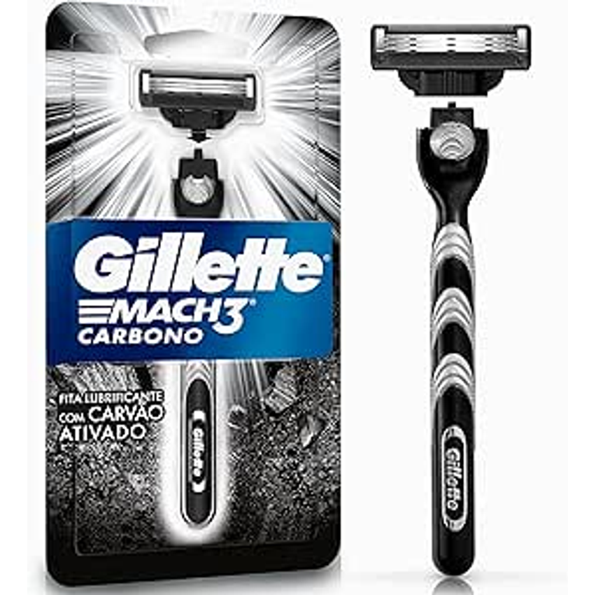 Gillette Mach3 Carbono Aparelho de barbear reutilizável com Carvão Ativado e Fita Lubrificante Melhorada 1 Ud