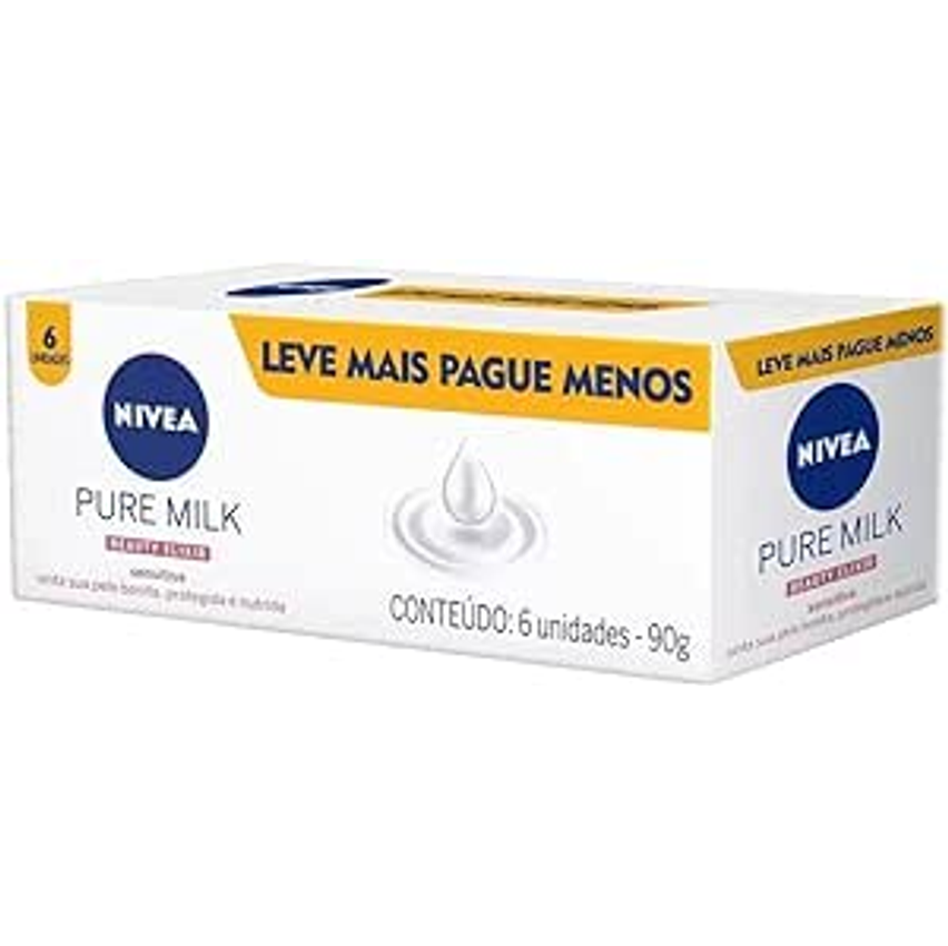 NIVEA Sabonete em Barra Pure Milk Sensitive Promo 6 un. 90g - Fórmula enriquecida com a preciosa essência do leite, proporciona uma pele macia e hidratada após o banho