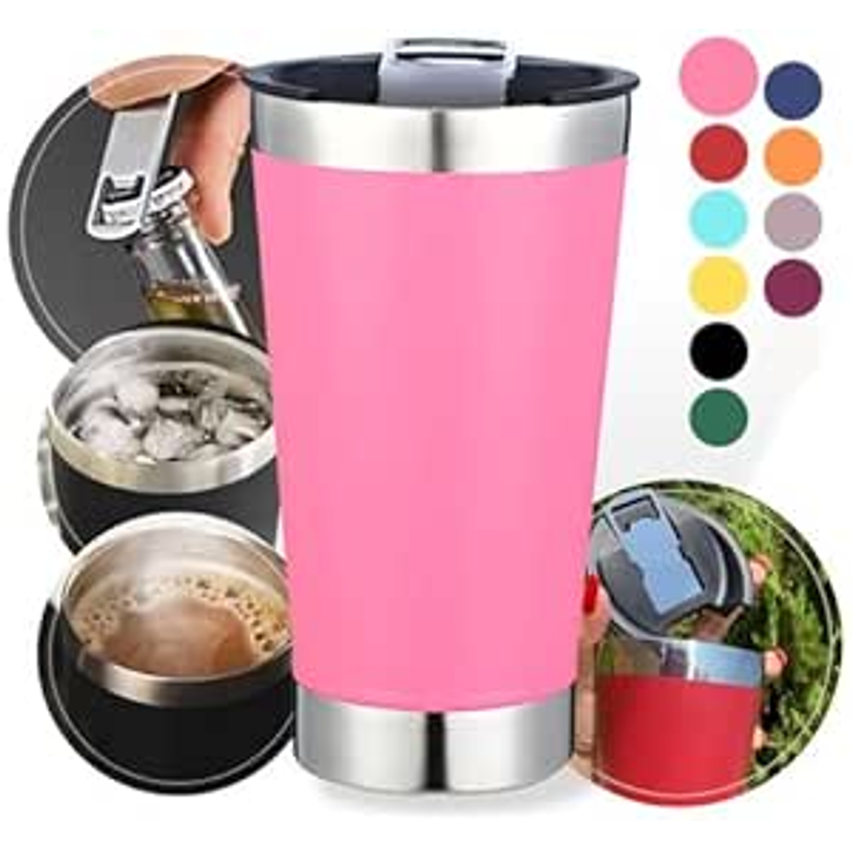 Copo Térmico de Aço Inox 500ml com Abridor e Tampa - Conserva a Temperatura de Bebidas como Chopp, Cerveja, Refrigerante e Café (Rosa)