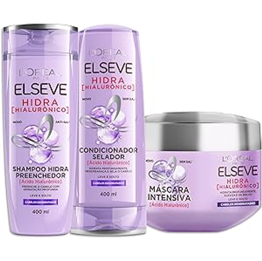 L'Oréal Paris Elseve Hidra Hialurônico Kit - Shampoo 400ml + Condicionador 400ml + Creme de Tratamento 300G