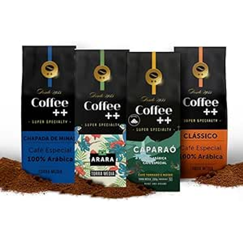 Kit 4 Pacotes Café Especial Torrado e Moído Coffee Mais Clássico, Caparaó, Chapada e Arara