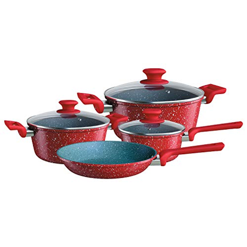 Euro Home, ALU8709-VO, Conjunto de panelas ColorStone 4 peças de alumínio com antiaderente e tampa de vidro, Volcano, Vermelho
