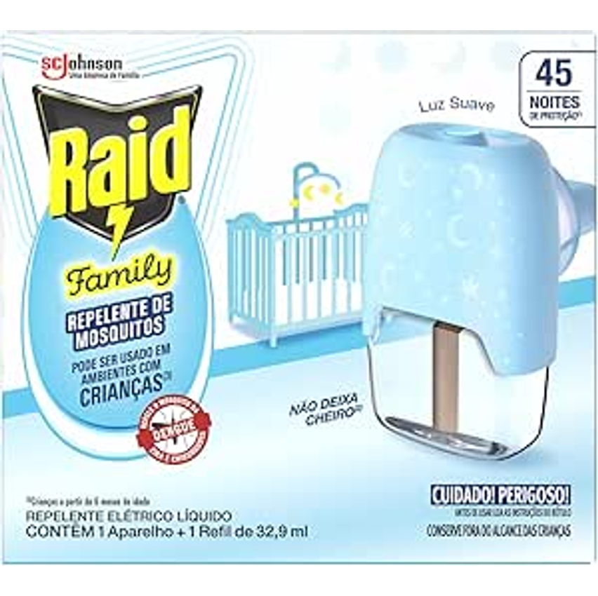 Raid Repelente Elétrico Líquido 45 Noites Family Aparelho+Refil