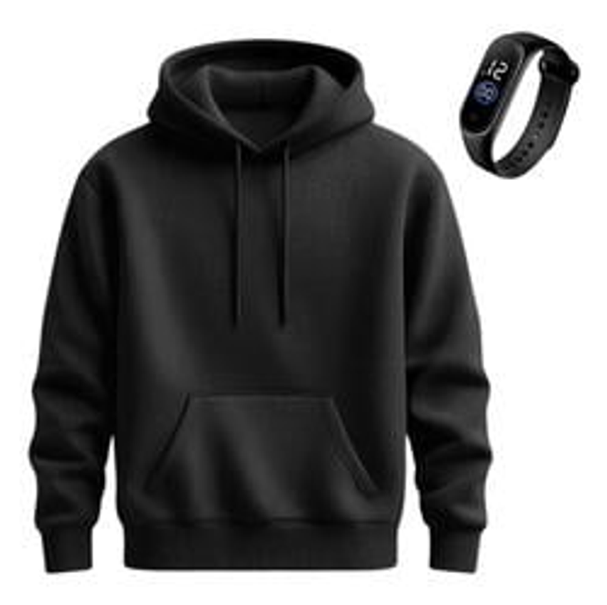 Kit Moletom Blusa De Frio Canguru Liso Algodão + Relogio