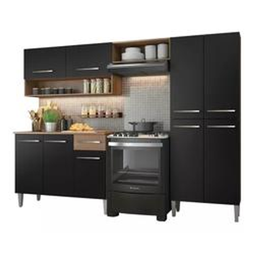 Armário De Cozinha Modulada Completa Compacta Emilly Pop Com Armário E Balcão Cor Rustic/preto Grem229002