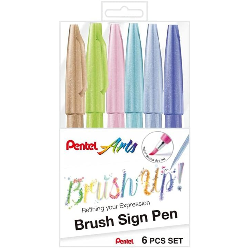 Kit Caneta Pincel Brush Sign Pen Pasteis Pentel 6 Cores