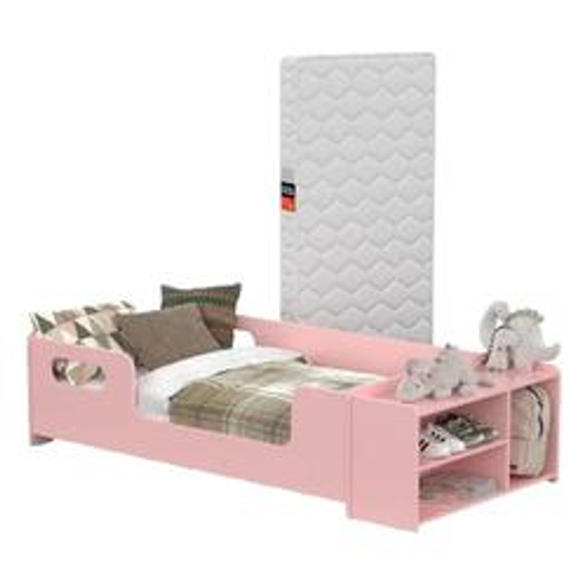 Mini Cama Infantil Com Sapateira, Grade Lateral E Colchão