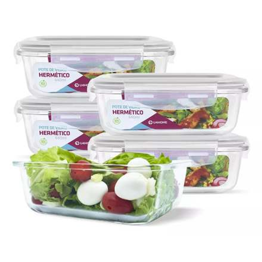 Conjunto 5 Pote Vidro Hermético Marmita Tampa Plástico 640ml