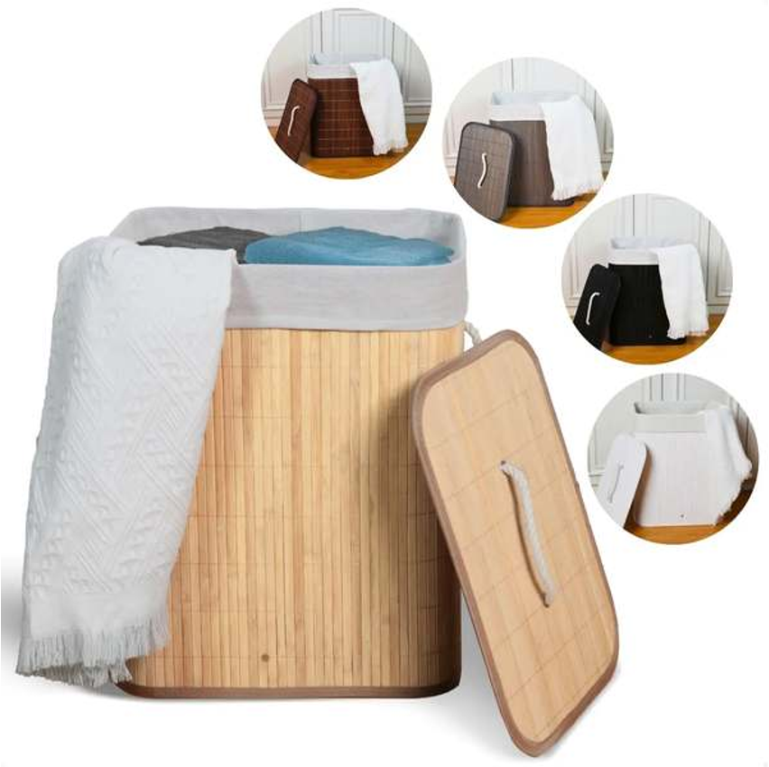 Cesto De Roupa Suja De Bambu Com Tampa E Alças 50 Litros Organizador Lavanderia Brinquedos - Kontuz