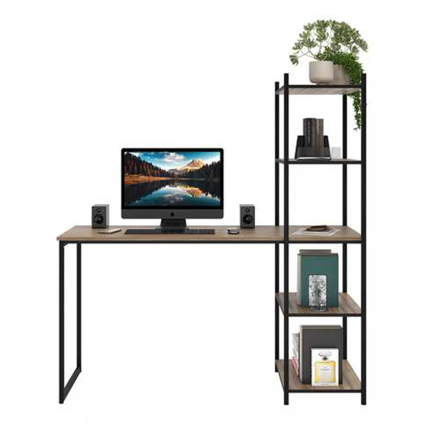 Mesa Escrivaninha Com 5 Prateleiras Vintage Design Laminado Com Preto Estilo Industrial - Madeira E Metal Com Tons Em Mel