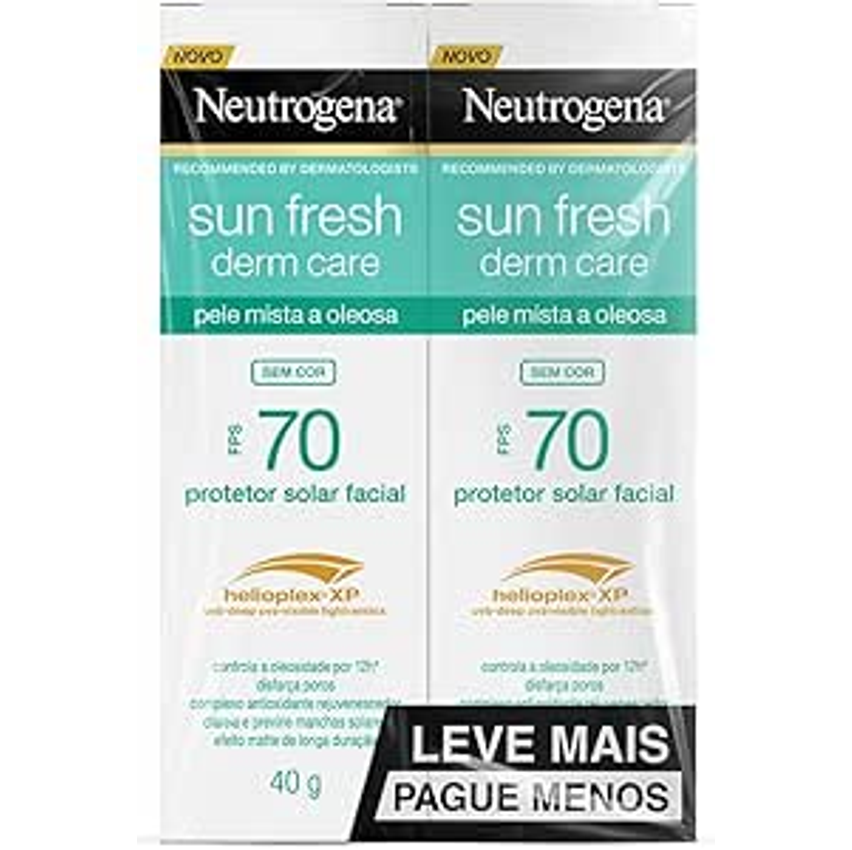 Neutrogena Sun Fresh Protetor Solar Facial Para Pele Oleosa Derm Care, FPS 70, Sem Cor, Kit com 2 Unidades de 40g