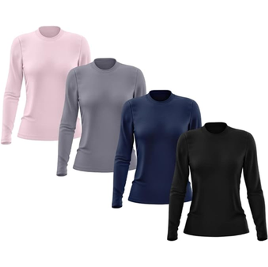 Kit 4 Camisetas Feminina Manga Longa Segunda Pele Térmica Proteção Solar UV 50 - Preto+Branco