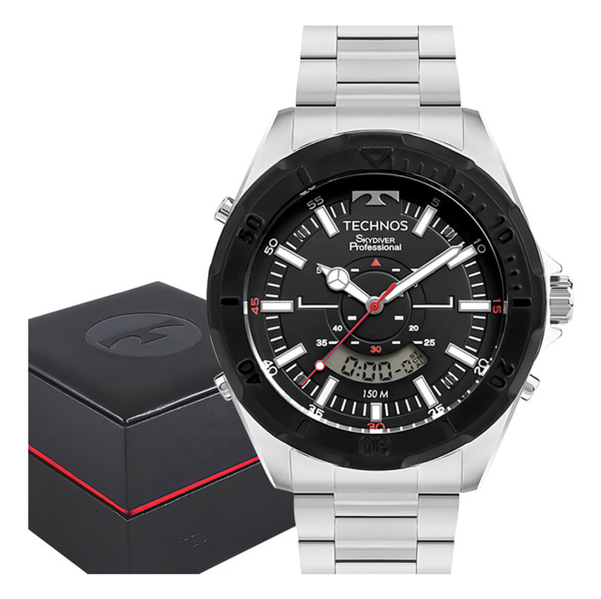 Relógio Masculino Technos Skydiver Professional Prata Anadigi Fundo Preto