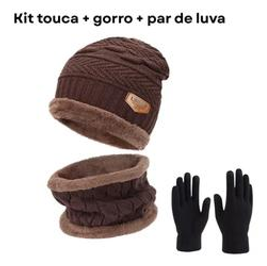 Kit Touca Gorro Cachecol + Luva Inverno Lã Pelinho Frio