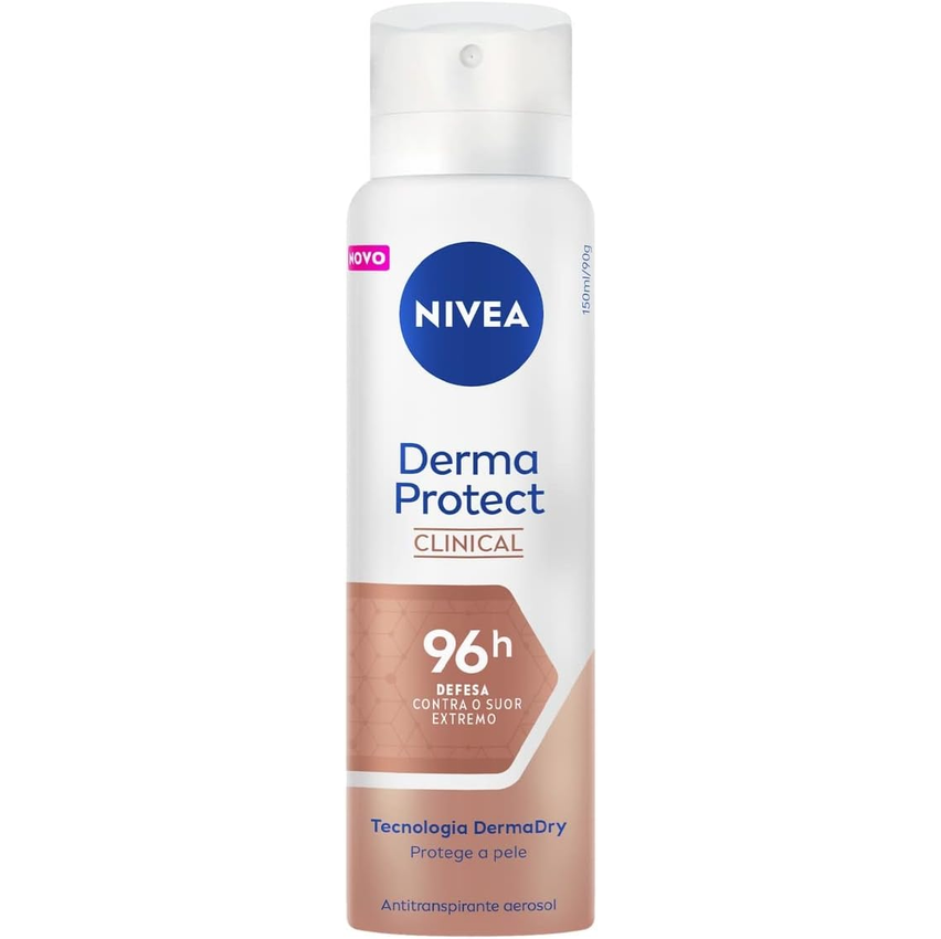 NIVEA Desodorante Antitranspirante Aerossol Derma Protect Clinical 150ml - Alta proteção de 96 horas contra o suor excessivo e o mau odor, garantindo axilas macias e sem irritação