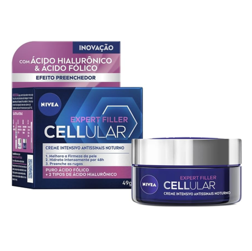 NIVEA Creme Facial Antissinais Cellular Filler Noite 49g - Reduz profundamente as rugas, diminui linhas de expressão e deixa a pele com aparência jovem, com ácido hialurônico