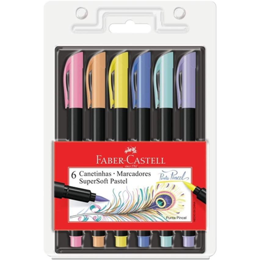 Caneta Ponta Pincel, Faber-Castell, Supersoft Brush, 6 Cores Pastel
