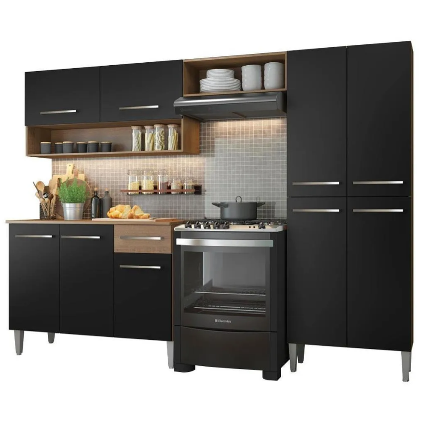Armário de cozinha modulada completa compacta Emilly pop com armário e balcão cor rustic/preto GREM229002