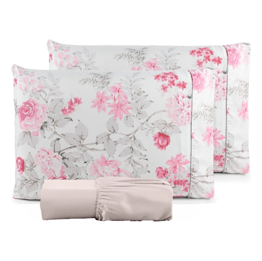 Kit Jogo Lençol Queen Percal 400 Fios Completo Sofisticado Cor Floral Branco com Rosa Desenho do tecido Estampado