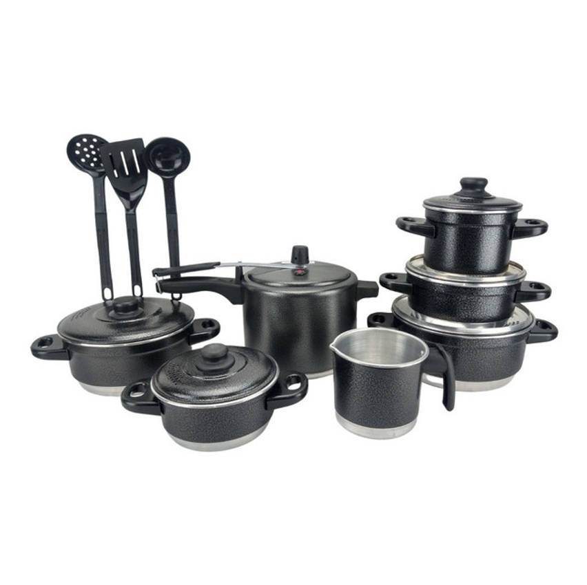 Jogo De Panelas + Panela De Pressão 4.5l + Espátulas Preto 