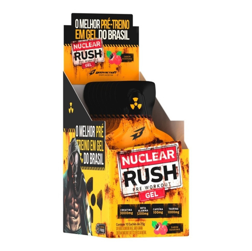Pre Treino Nuclear Rush Gel 10 Sachê Bodyaction Fr Vermelhas Sabor Frutas Vermelhas