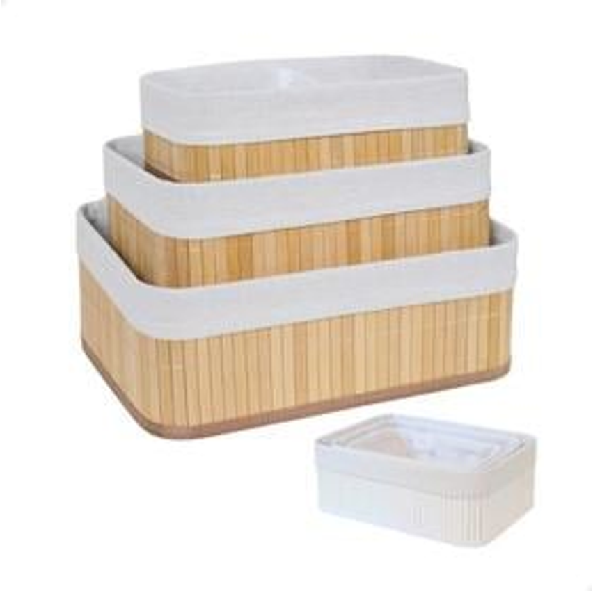 Kit 3 Cestos Organizadores de Bambu Multiuso com Forro - KONTUZ