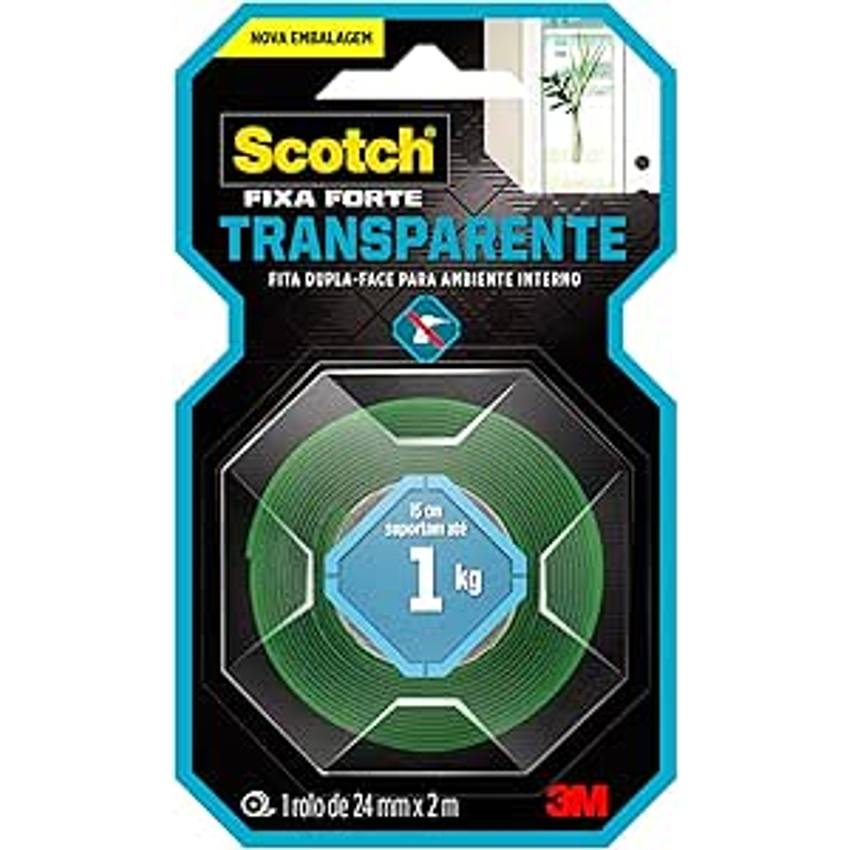 Scotch, 3M, Fixa Forte, Fita Dupla Face, Transparente, 24mm x 2m