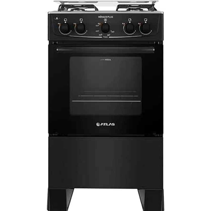 Fogão 4 bocas Atlas Mônaco Plus Preto com Acendimento Automático e Mesa Inox