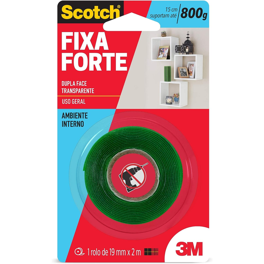 Scotch, 3M, Fixa Forte, Fita Dupla Face, Transparente, 19mm x 2m