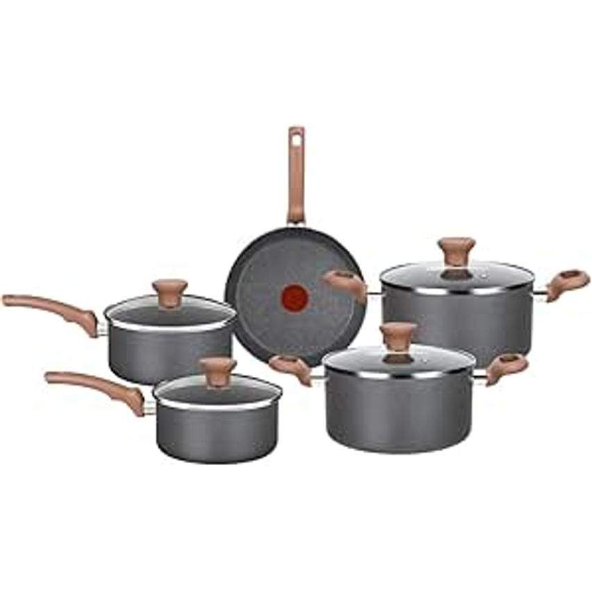 Jogo de Panelas Rochedo Natural Stone 5 peças, Cinza com Efeito Pedra, Antiaderente Minerium, Thermo-Sinal, Alta Espessura de 2mm e Cozimento Homogêneo