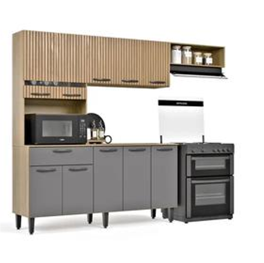 Armário De Cozinha Completo Com 10 Portas E 1 Gaveta Dora Compacto Cor Ripado Grafite - Maxi Do Brasil