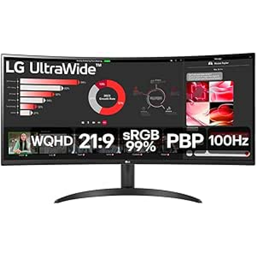 Monitor LG UltraWide Curvo - Tela VA de 34”, WQHD 3440 x 1440, 21:9, sRGB 99%, HDR10, PBP, OnScreen Control, Modo Leitura e Flicker Safe, 100Hz, AMD FreeSync™ - 34WR50QC-B