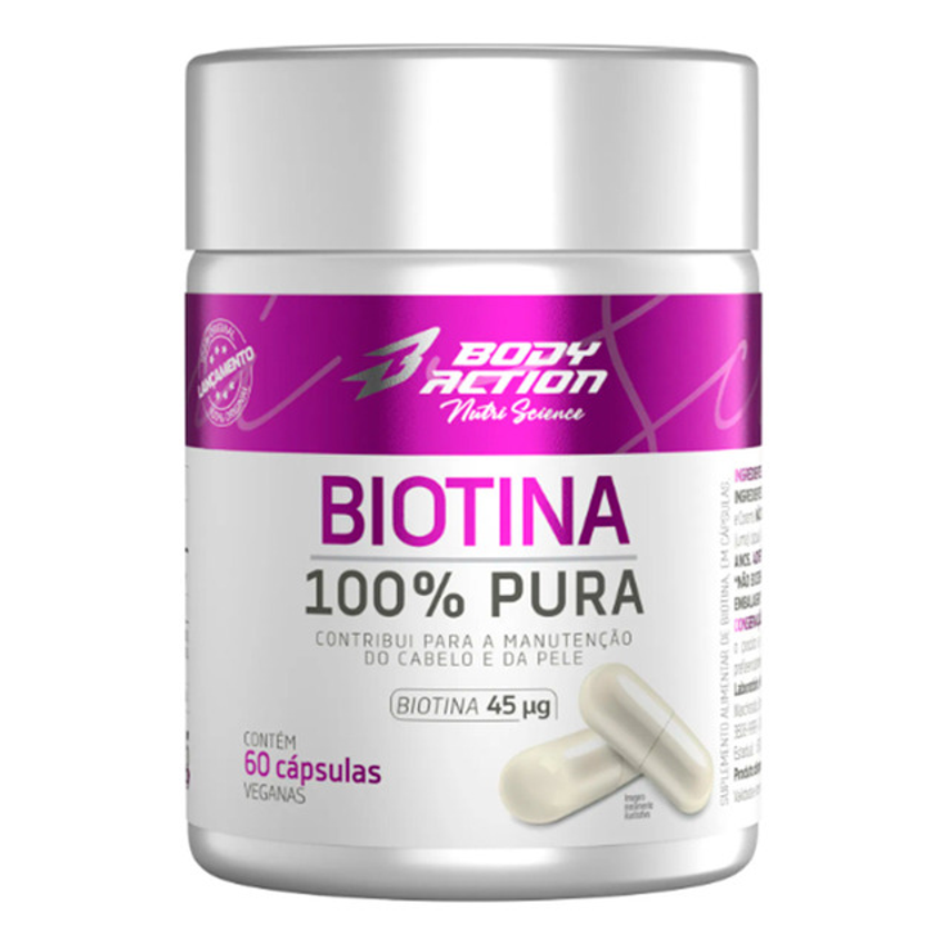 Biotina 100% Pura 45mcg 60 Cápsulas Veganas Bodyaction Sabor Sem Sabor