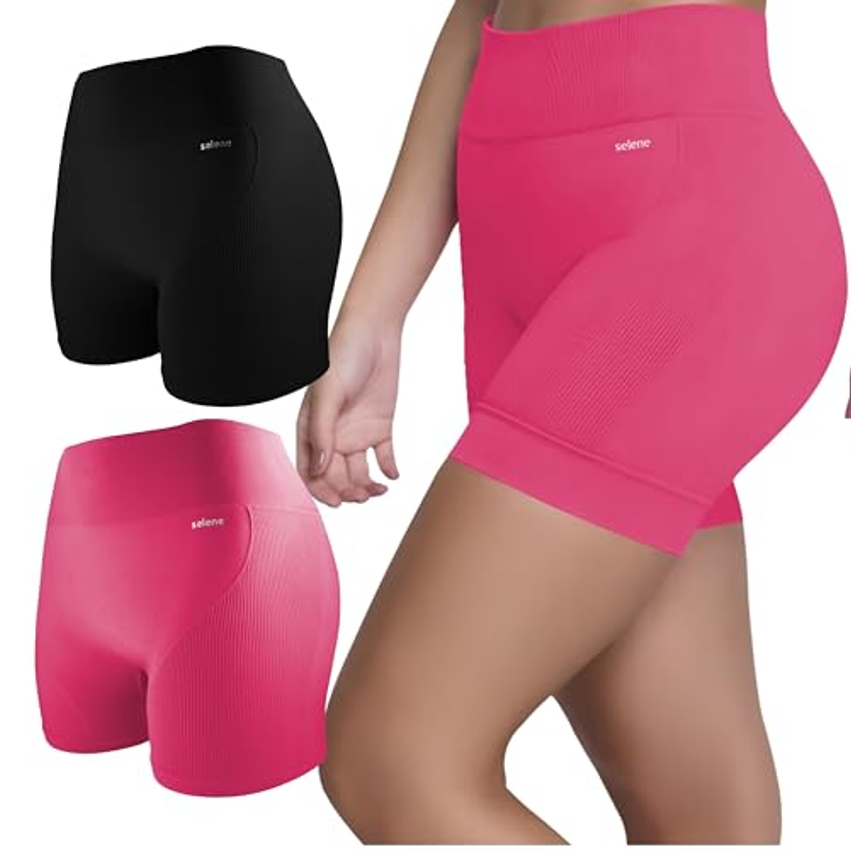 SELENE Kit 2 Shorts Academia Feminino Sem Costura Canelado Fitness Adulto, 1 Pink - 1 Preto, M