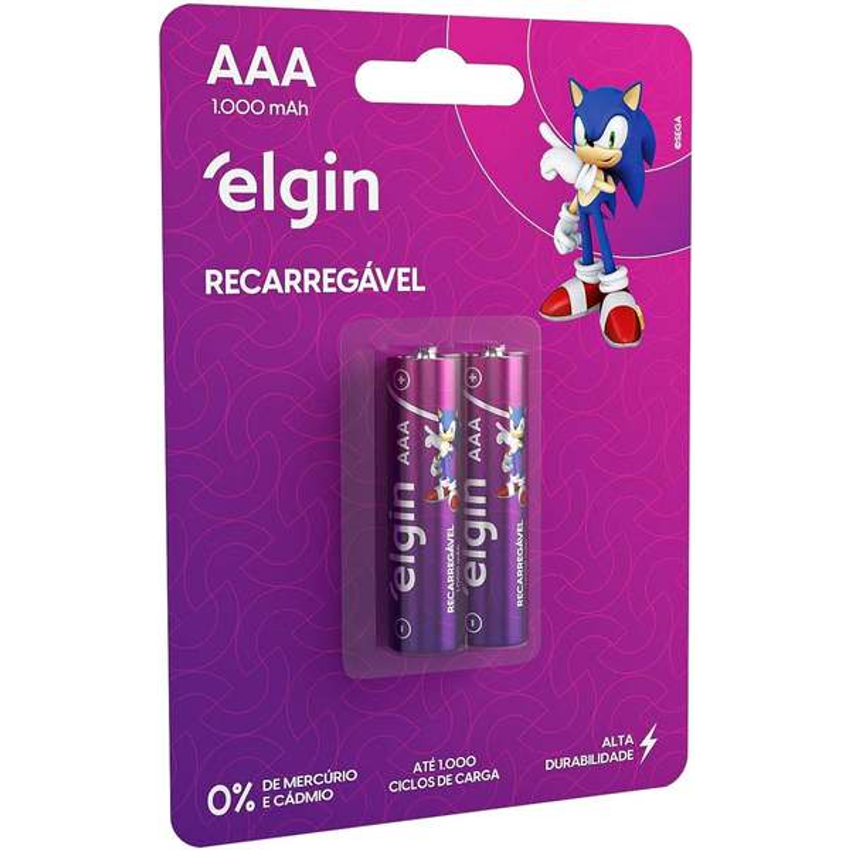 Pilha recarregável AAA 1000mAh Elgin com 2 unidades Palito
