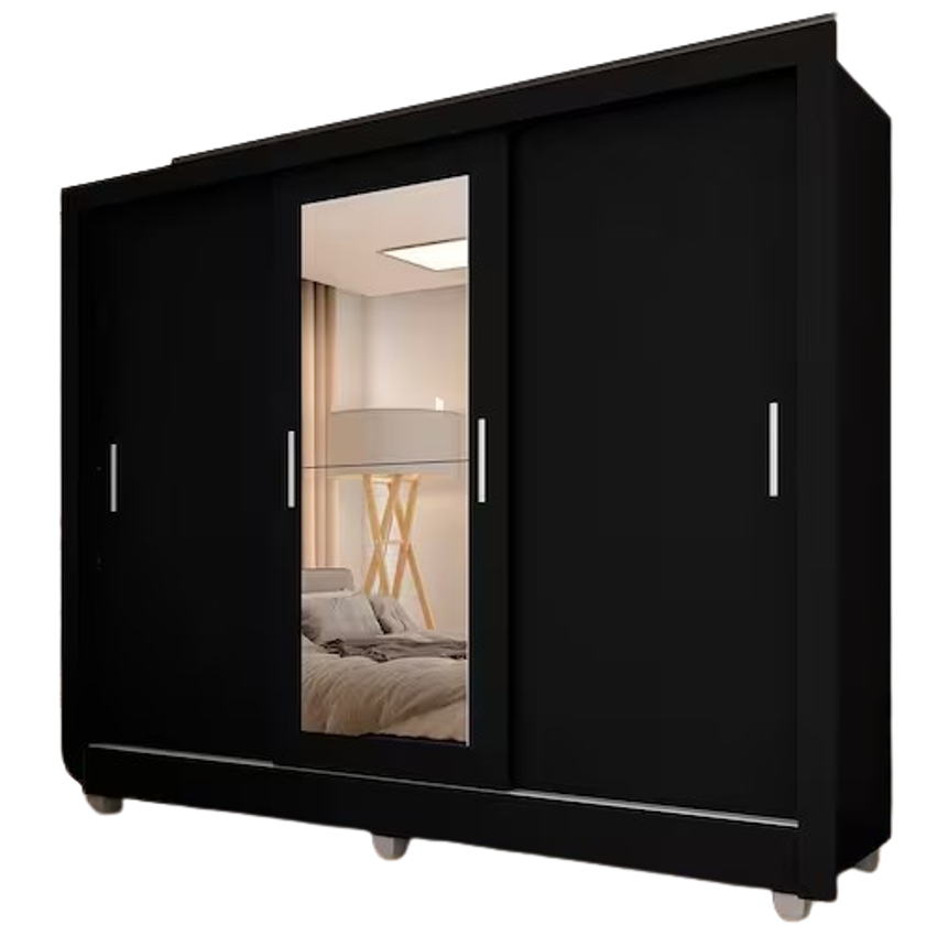 Guarda Roupa Casal Vivian 3 Pts Espelho Menor Preto Fosco - Moveis Arapongas