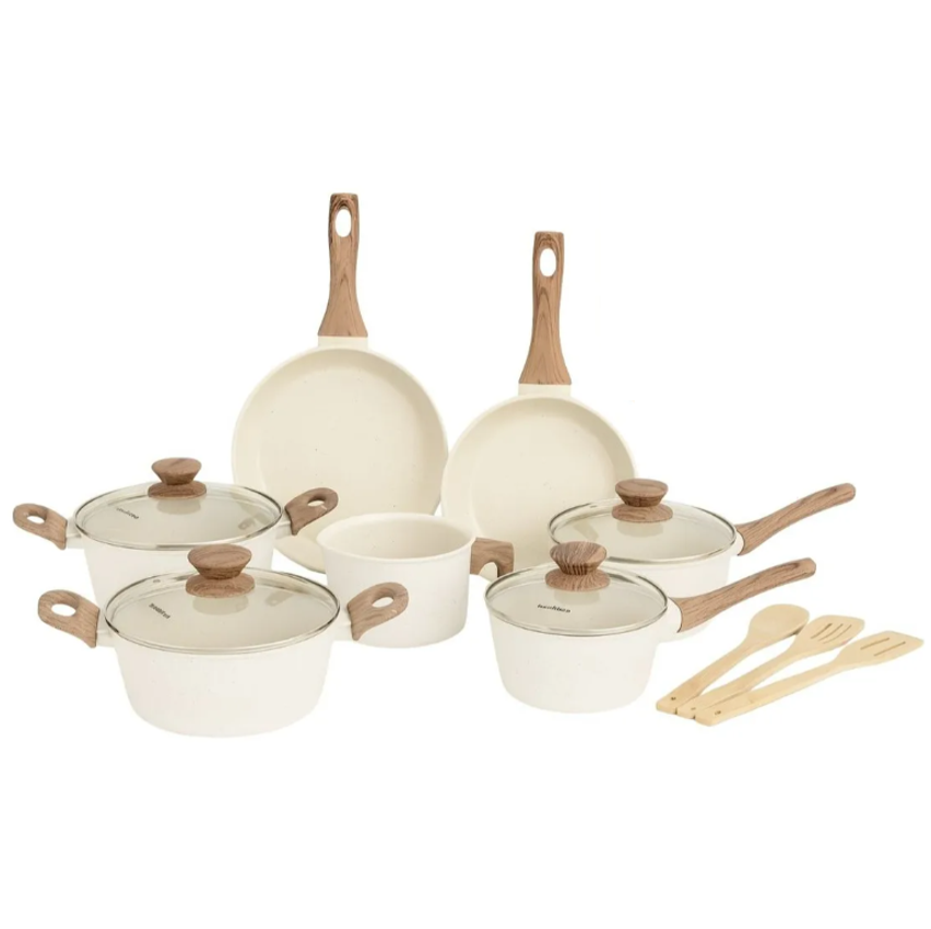 Jogo de panelas de cozinha Mimo Style Cook Fundo de Tripla Indução com 10 peças de alumínio marmol vanila