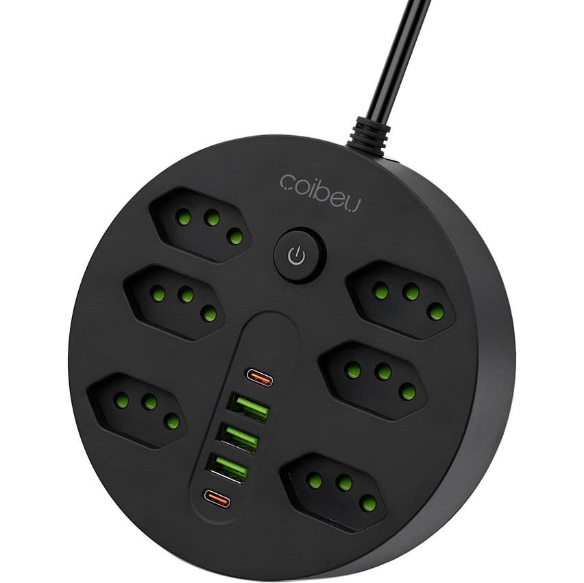 Extensão Tomada, Régua Tomada, Régua de Energia, 6 Tomadas, 3 Interfaces USB, 2 Porta USB Tipo-C, Cabo de Alimentação de 1,9 metros, Suporte a Tensão de 110-220V, Potência de 2500W, Preto