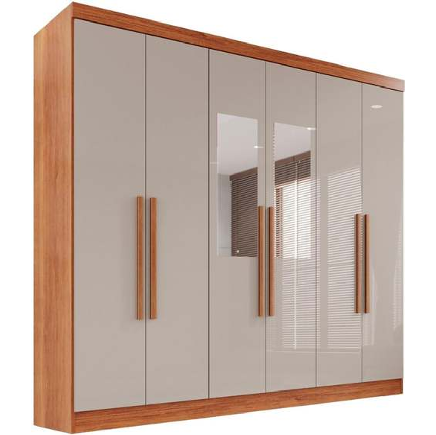 Guarda-roupa Casal com Espelho 6 Portas 2 Gavetas França Cinamomo/Off-White