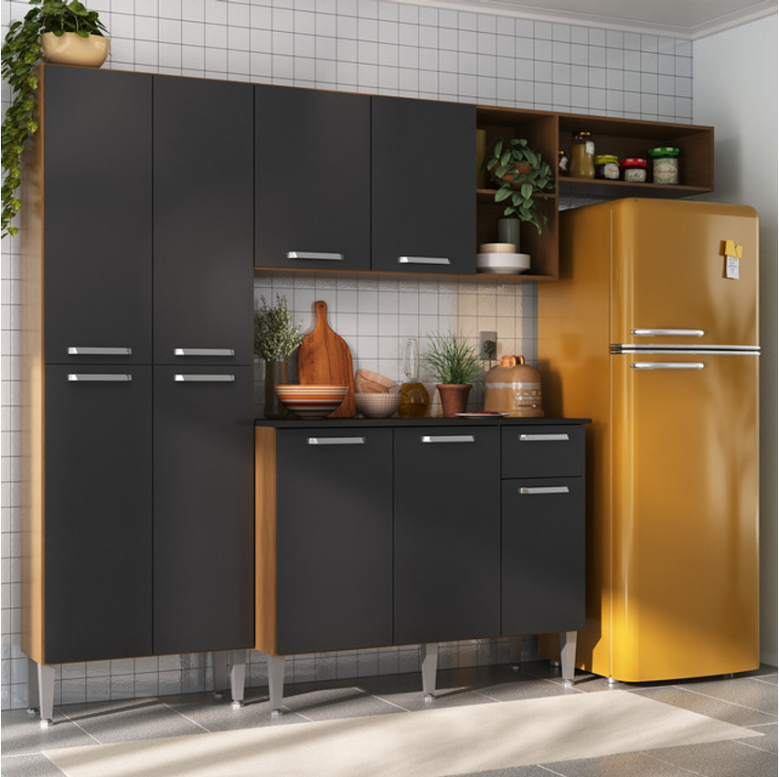 Armário De Cozinha Compacta Completa Modulada Pequim Premium Multimóveis Mp2933 Com Armário E Balcão Incluso Cor Carvalho Com Preto