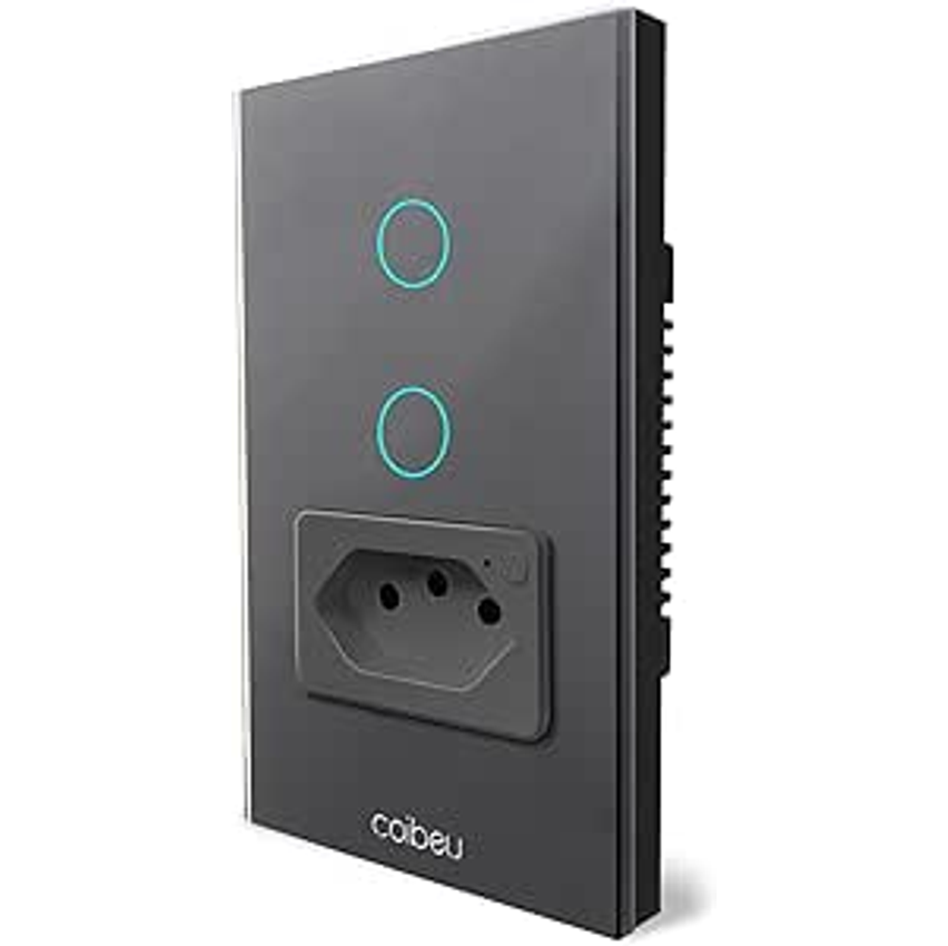 Interruptor Inteligente WiFi com Tomada, Interruptor Smart Sem Fio Doméstico Multifuncional, Controle Remoto de Eletrodomésticos Por Smartphonees, Interruptor Cronometrado, Preto (2 botões)