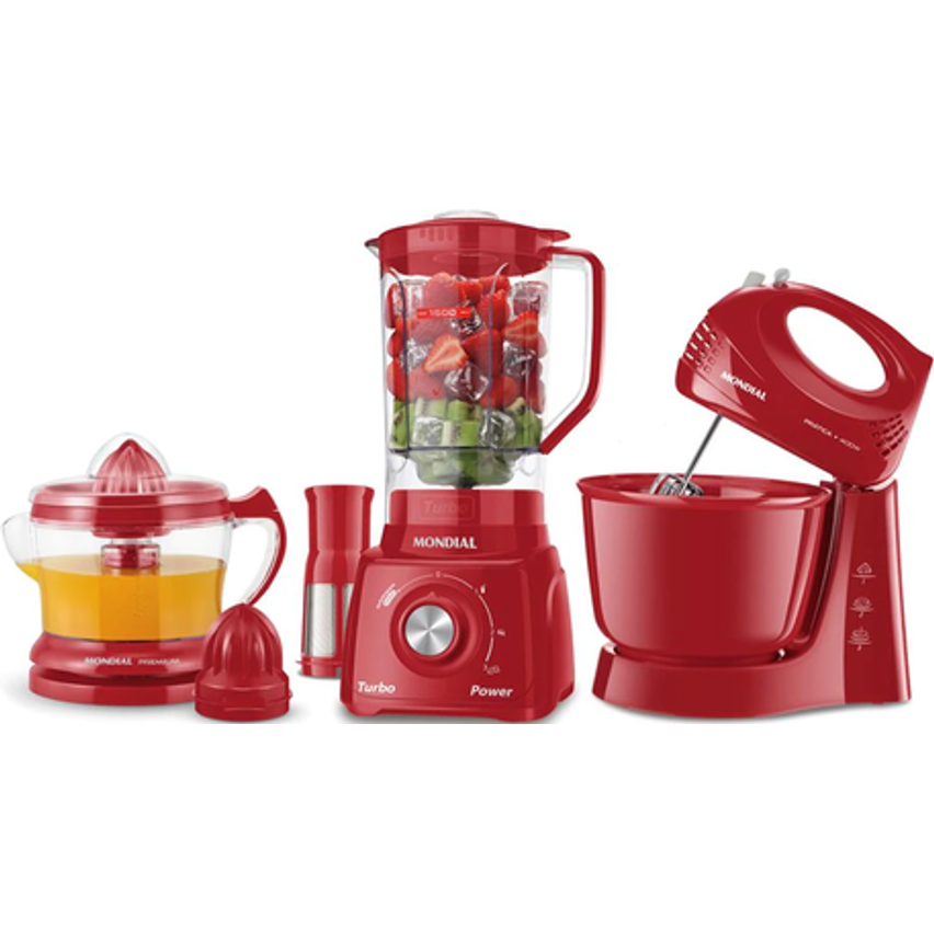 Conjunto Especial Mondial KT-105-R (Espremedor Premium + Batedeira Prática + Liquidificador Turbo Power) - Vermelho