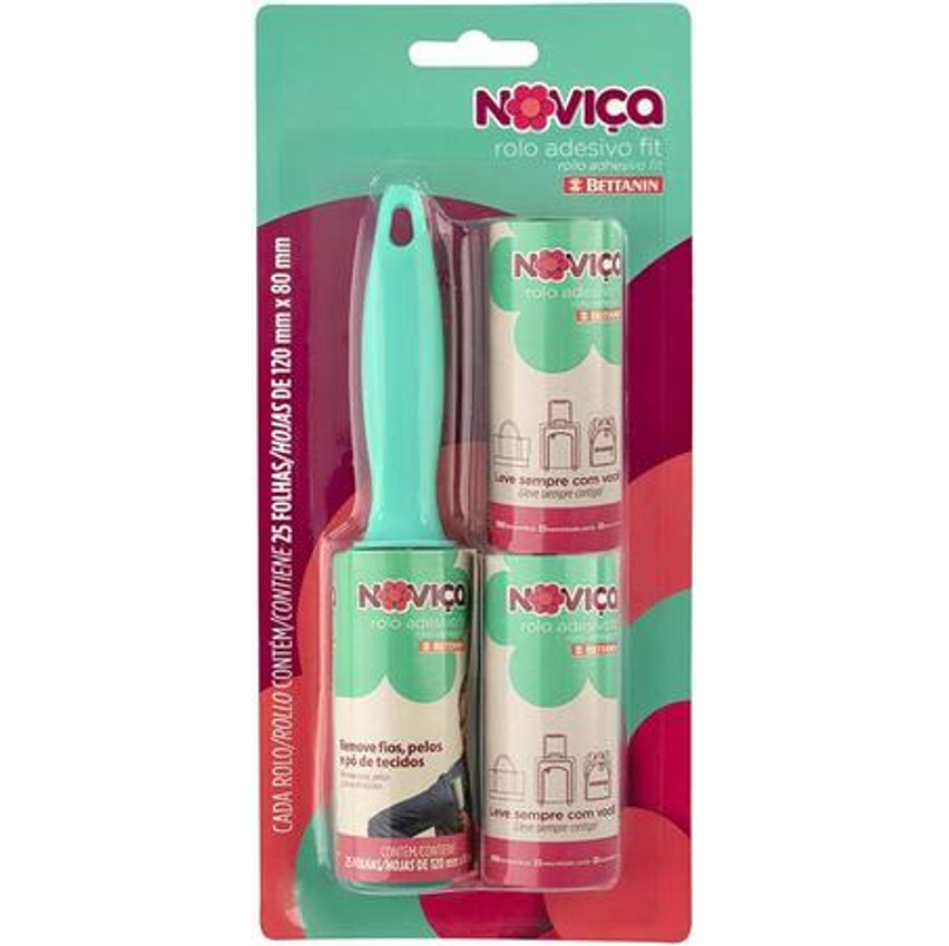 Noviça - Rolo Adesivo Fit com 25 Folhas Tira Pelos, Acompanha 2 Refis, Bettanin