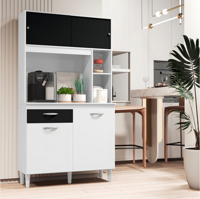 Cozinha Compacta Armário Organizador Duda 90cm Com Gaveta Branco Preto Larzen Móveis